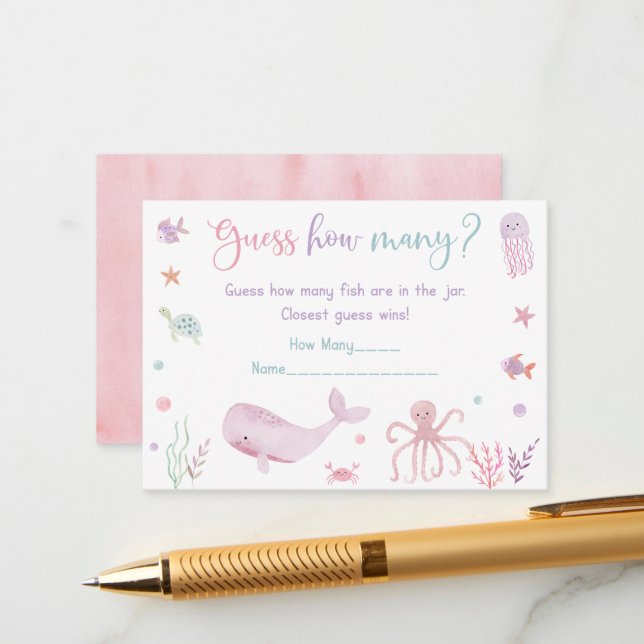Pink Under the Sea Birthday Guess How Many Game Enclosure Card (Front/Back In Situ)