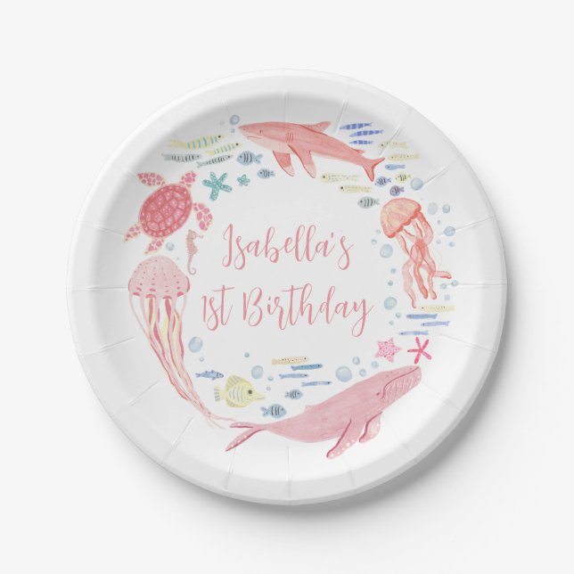 Pink Under The Sea Birthday Paper Plate (Front)