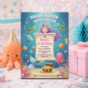 Pink Under the Sea Mermaid 1st Birthday Party Invitation