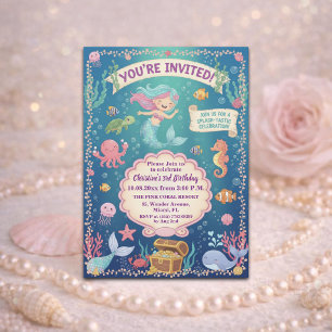 Pink Under the Sea Mermaid 3rd Birthday Party Invitation