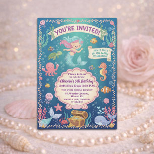 Pink Under the Sea Mermaid 5th Birthday Party Invitation