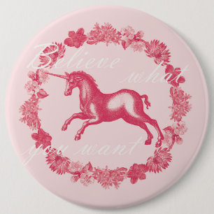 Pink unicorn and flowers 6 inch round button