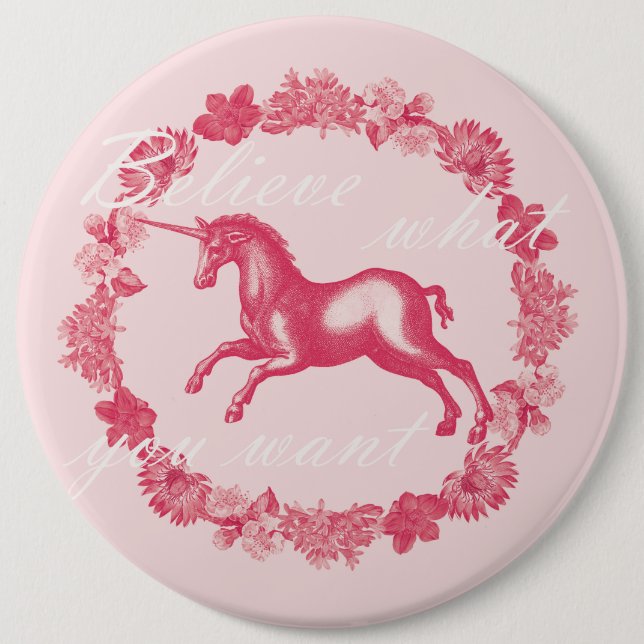 Pink unicorn and flowers 6 inch round button (Front)
