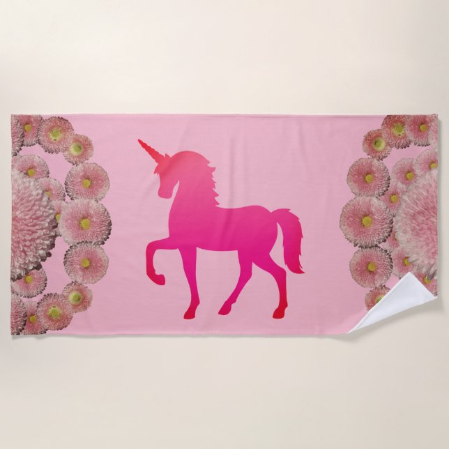 Pink Unicorn and flowers  Beach Towel (Front)