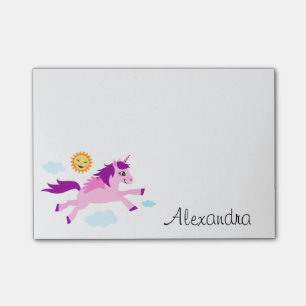 Pink unicorn and happy sun personalized name post-it notes