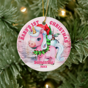 Pink Unicorn Baby 1st Christmas Photo Ornament