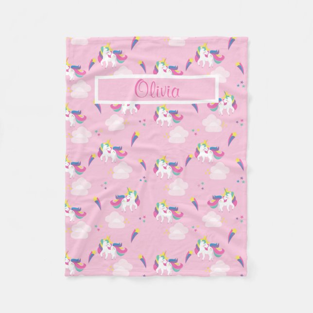 Pink Unicorn Baby Name Fleece Blanket (Front)