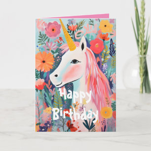 Pink Unicorn Blooming Floral Folded Card