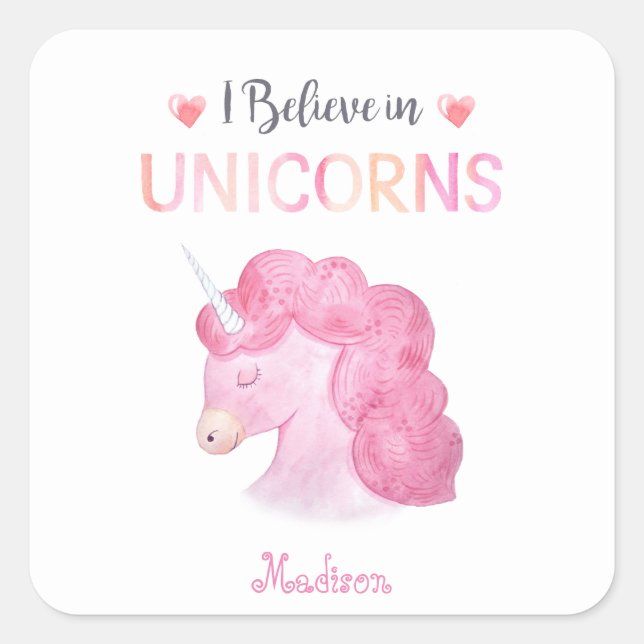 Pink Unicorn Butterflies Girly Cute Personalized Square Sticker (Front)