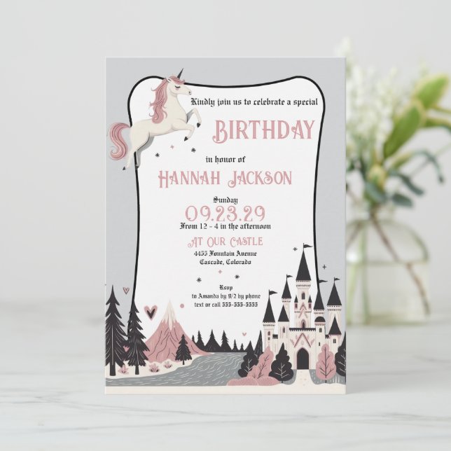Pink Unicorn Castle Birthday Party Invitation (Standing Front)