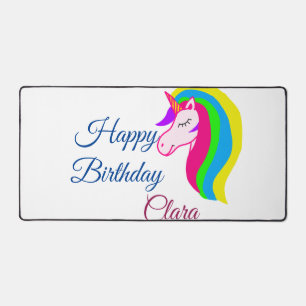 Pink unicorn colourful happy birthday add name tex desk mat