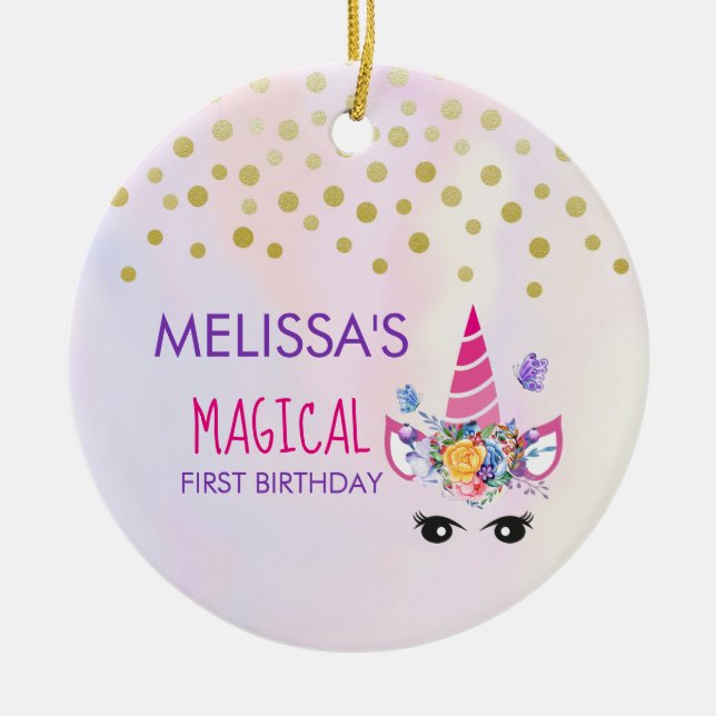 Pink Unicorn Confetti & Flowers First Birthday Ceramic Ornament (Front)