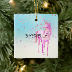 Pink Unicorn Confetti Personalized Name Ceramic Ornament