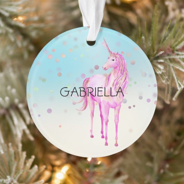 Pink Unicorn Confetti Personalized Name Ornament (Tree)