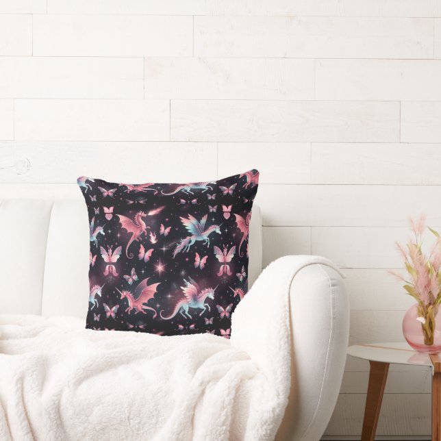 Pink Unicorn Dragon Mix Throw Pillow (Couch)