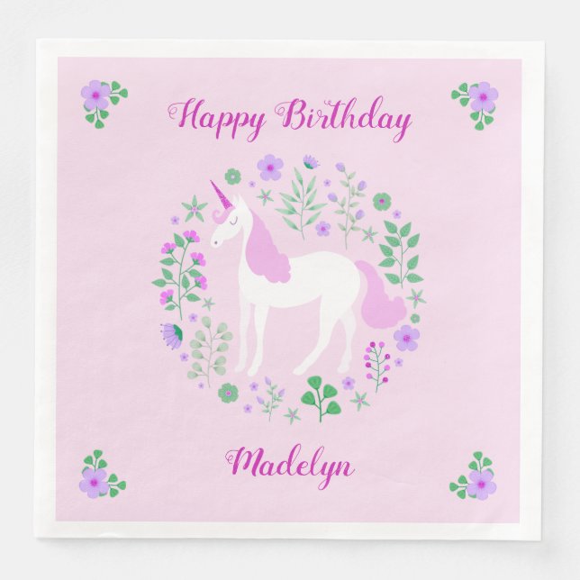 Pink Unicorn Faux Pink Glitter Birthday Napkin (Front)