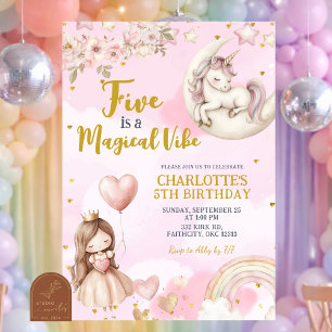 Pink Unicorn Five Is A Magical Vibe Fifth Birthday Invitation