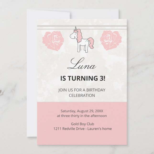Pink Unicorn Floral Birthday Party Invitation (Front)