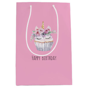 Pink Unicorn Floral Cupcake Birthday Medium Gift Bag