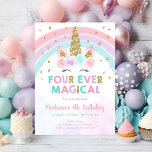 Pink Unicorn Four Ever Magical Birthday Invitation<br><div class="desc">This adorable design features a unicorn face with a pastel coloured rainbow and faux gold glitter embellishments.</div>