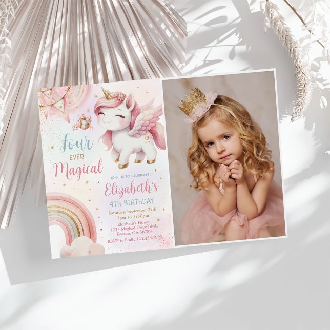 Pink Unicorn Four Ever Magical Birthday Photo Invitation (Creator Uploaded)