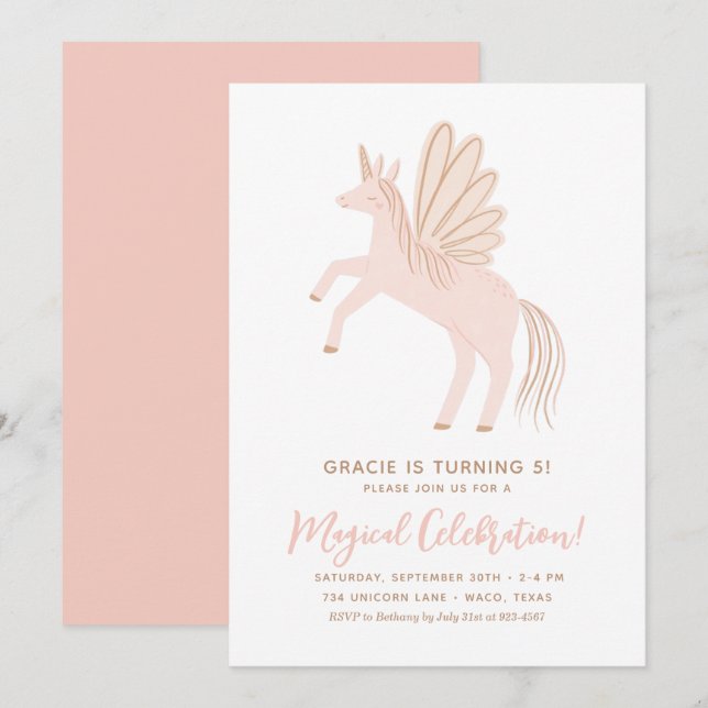 Pink Unicorn Girl Birthday Party Invitation (Front/Back)