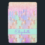 Pink unicorn glitter iridescent rose gold name iPad pro cover<br><div class="desc">A trendy rainbow coloured background with unicorn and rainbow pastel colours in pink, purple, rose gold, mint green. Decorated with faux glitter drips in rose gold, pink and purple and a golden unicorn pattern. A mint green band. Personalize and add a name, written with a modern hand lettered style script....</div>
