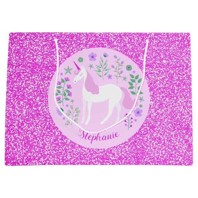 Pink Unicorn Glitter Personalized Large Gift Bag (Front)