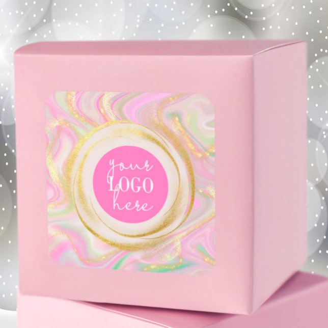 Pink Unicorn Gold Glitter Marble Add Logo Square Sticker (
background with unicorn pastel colors in pink, and mint green. Decorated with glitter gold.#sticker)