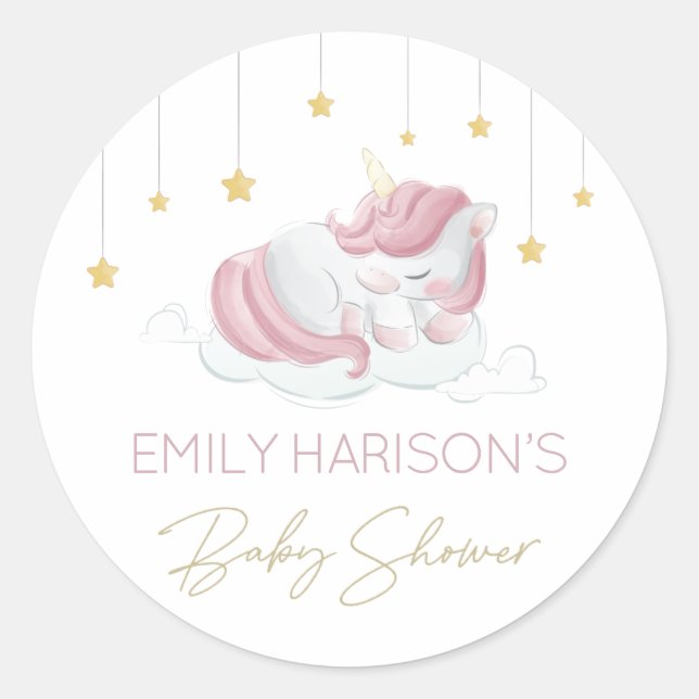 Pink Unicorn Gold Stars Baby Shower Classic Round Sticker (Front)