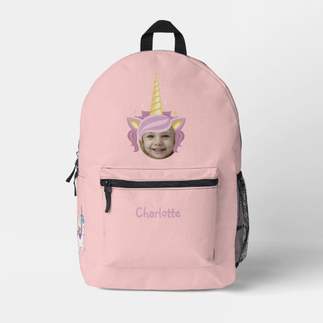 Pink Unicorn Hat Photo Named Back to School Printed Backpack (Front)