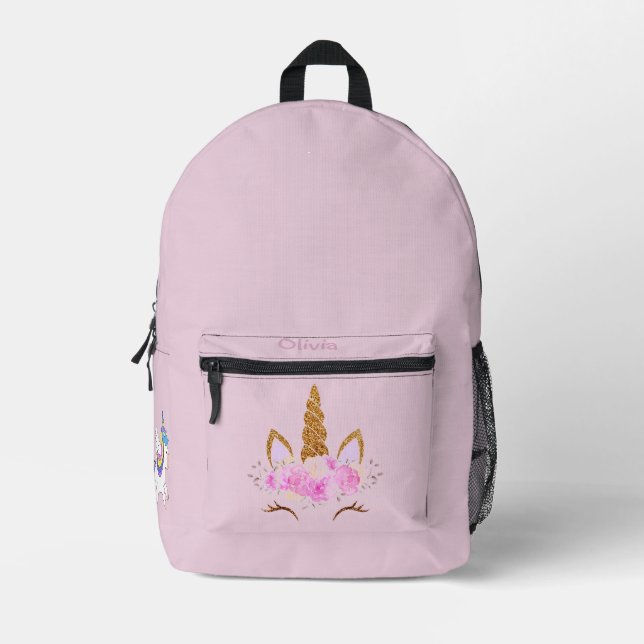 Pink Unicorn Hat Photo Named Back to School Printed Backpack (Front)