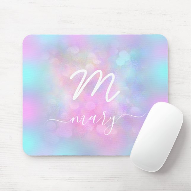 Pink Unicorn Holograph Name Modern Monogram White Mouse Pad (With Mouse)