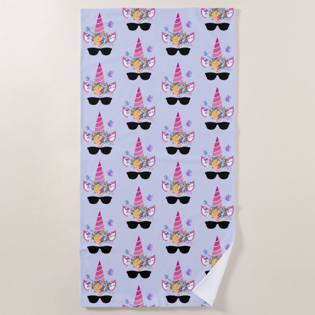 Pink Unicorn in Sunglasses Pattern Beach Towel (Front)