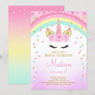 Pink Unicorn Invite With Golden Stars
