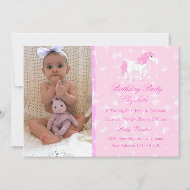 Pink Unicorn Kids Birthday Invitation (Front)