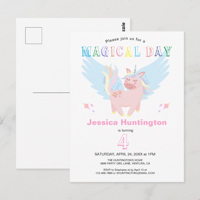 Pink Unicorn Magical Day Birthday Party Invitation Postcard (Front/Back)