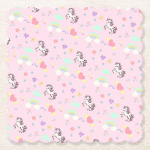 Pink unicorn magical princess  girly birthday kids paper coaster
