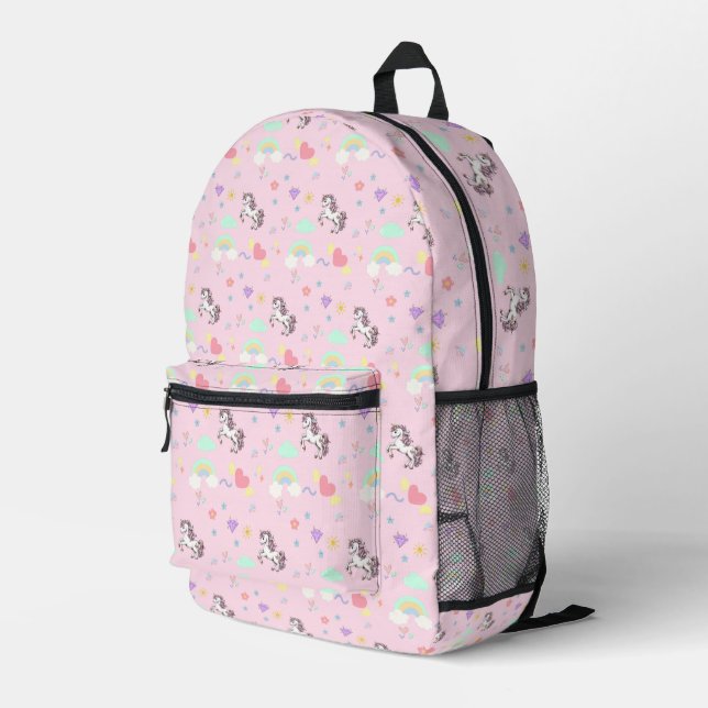 Pink unicorn magical princess  girly birthday kids printed backpack (Back Corner Right)