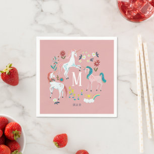 Pink Unicorn Monogram Girls Birthday Party Napkin