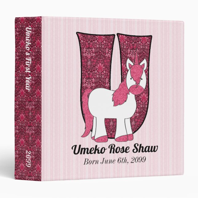 Pink Unicorn Monogram Letter U Baby Scrapbook Binder (Front/Spine)