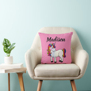 Pink Unicorn Name Kids Throw Pillow 