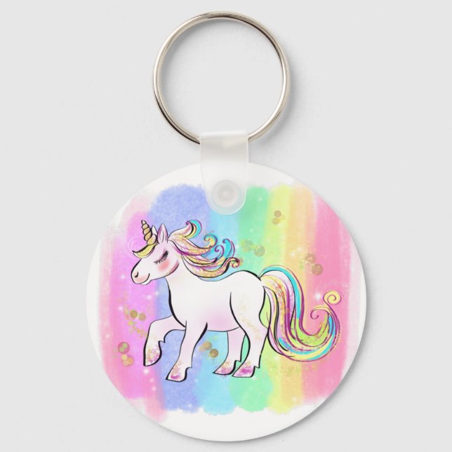  pink unicorn on rainbow background hoodie keychain (Front)
