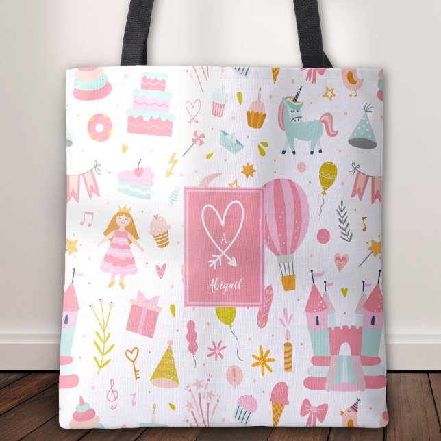 Pink Unicorn Party Pattern Monogrammed Girl Kids Tote Bag (Creator Uploaded)
