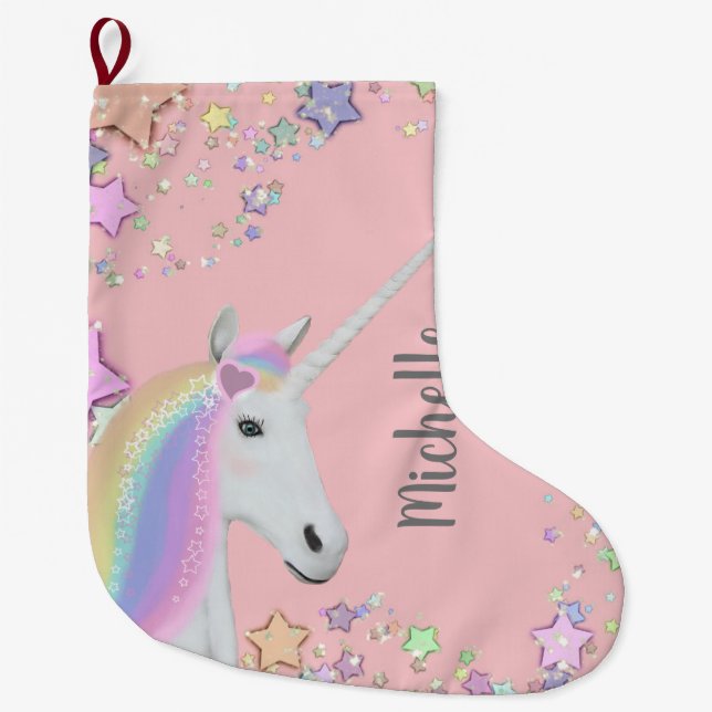 Pink Unicorn Pastel Stars Girls Personalized Large Christmas Stocking (Front)