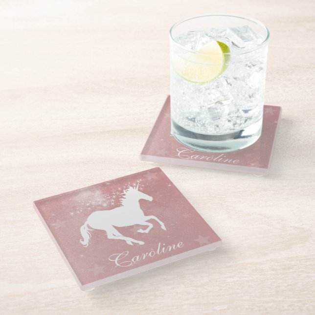 Pink Unicorn Personalized Glass Coaster (Angled)
