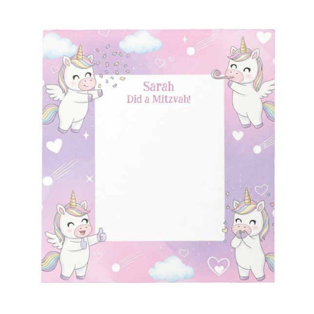 Pink Unicorn Personalized Mitzvah Notes Notepad (Front)