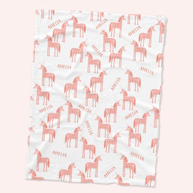Pink Unicorn Personalized Name Fleece Blanket (Personalized custom name pink unicorn pattern baby fleece blanket)