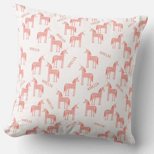 Pink Unicorn Personalized Name Throw Pillow (Personalized custom name pink unicorn pattern throw pillow)
