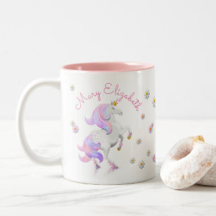 Pink Unicorn Princess with Stars and Flowers Two-Tone Coffee Mug